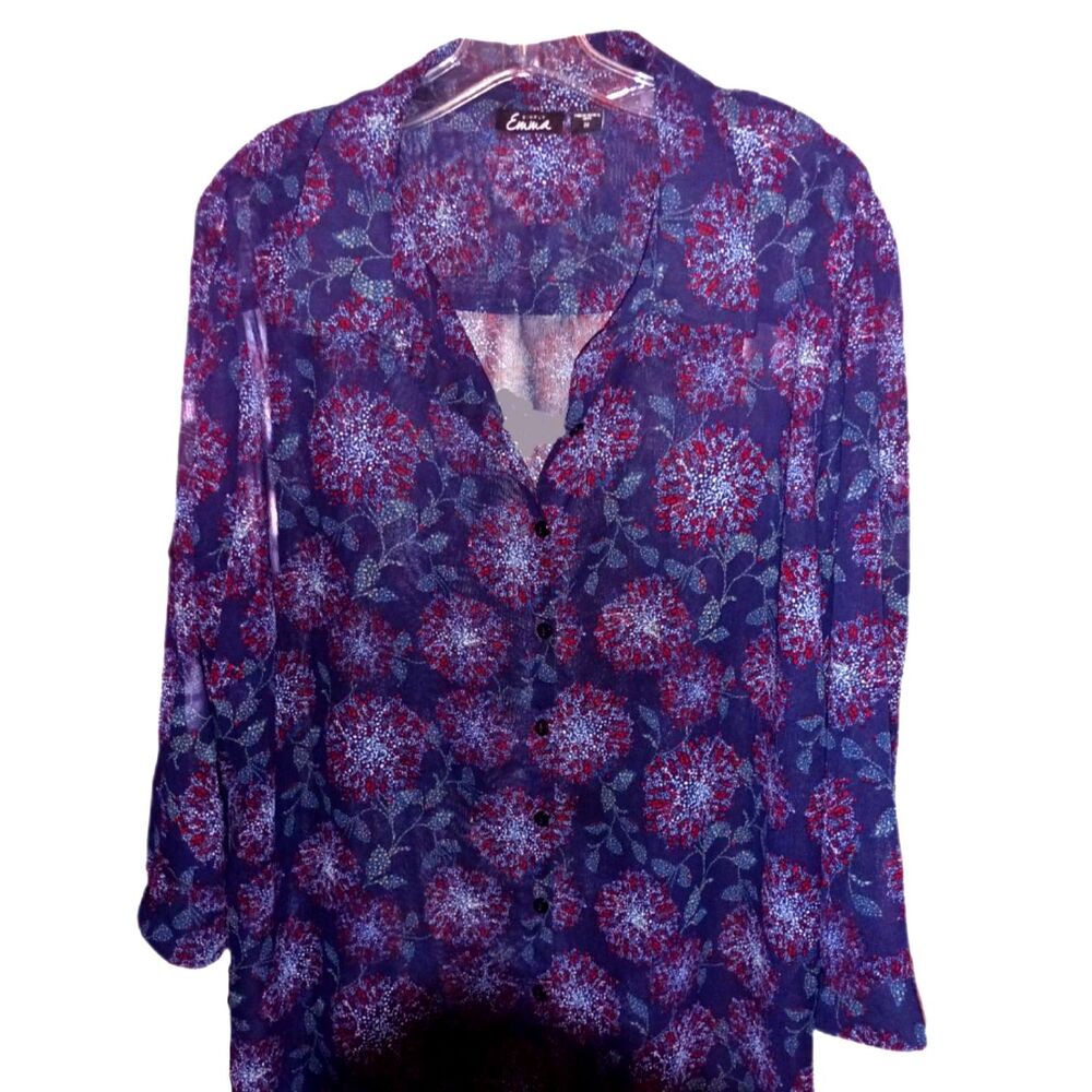 Simply Emma Navy 3/4 Sleeve Fireworks Sheer Blouse Size 2X Minimalist Officework